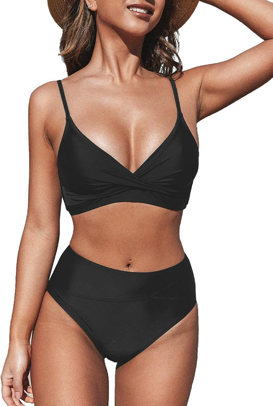 CUPSHE Women's High Waisted V Neck Twist Front Bikini Set