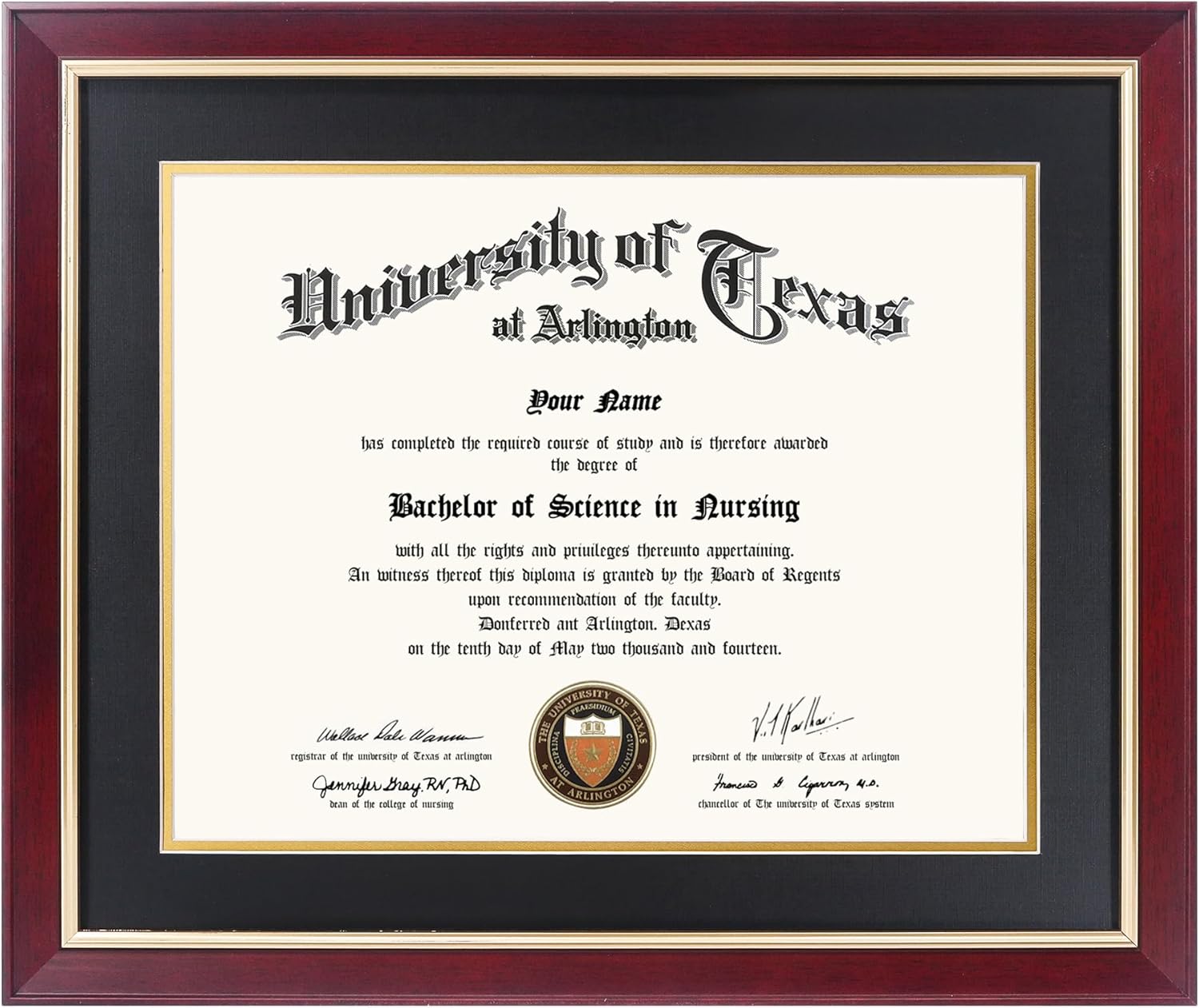 11x14 Wood Diploma Frame with Black Mat and Gold Trim Design