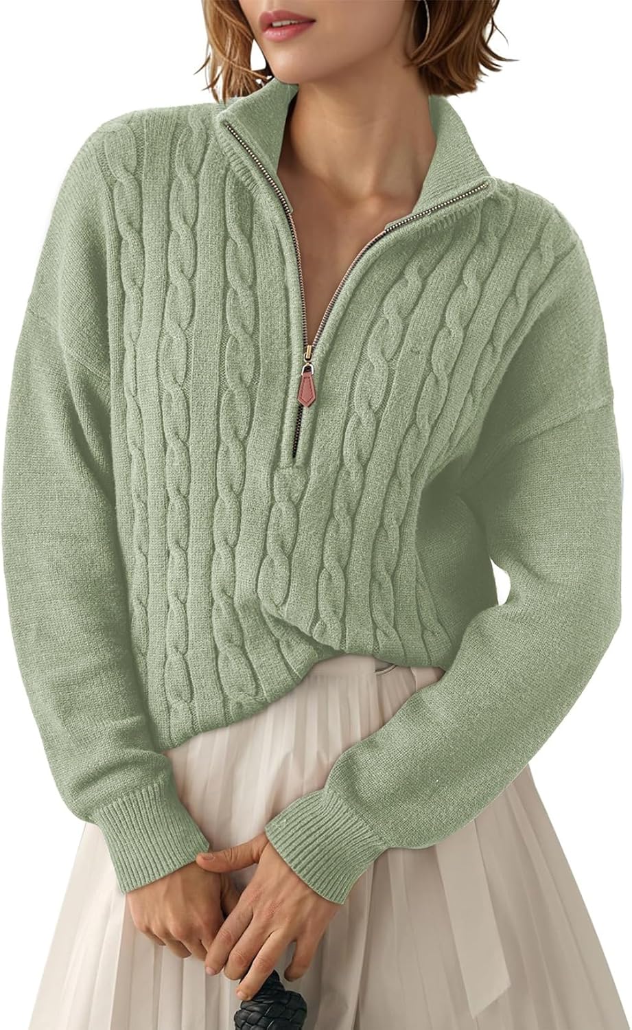 Dokotoo Women's Quarter Zip Casual Ribbed Cable Knit Pullover