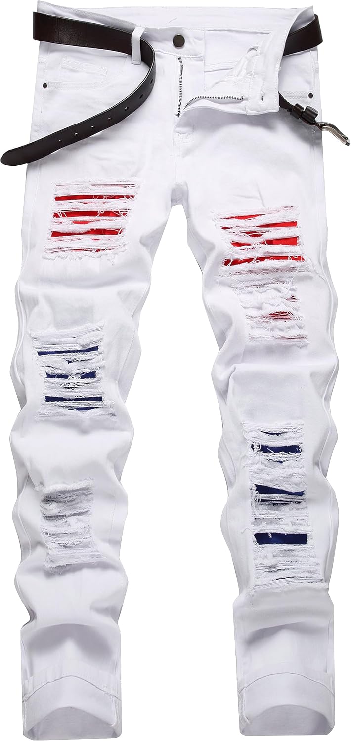 Men Ripped Jeans Slim Fit Straight Leg Denim Pants with Holes