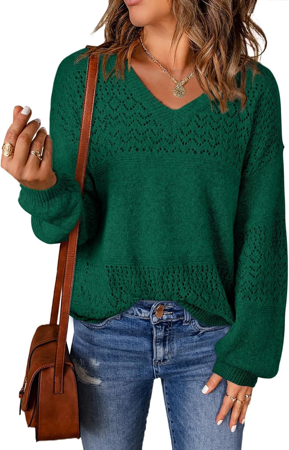 SHEWIN Women's Casual Long Sleeve V Neck Crochet Sweater Tops