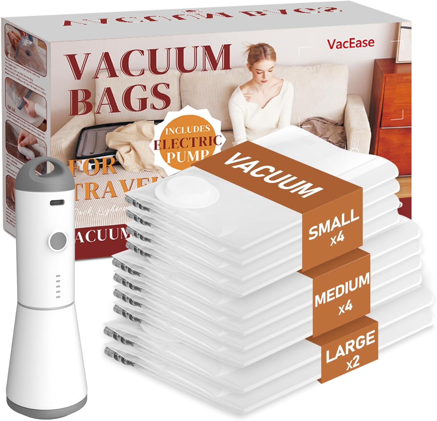 Vacuum Storage Bags for Clothing Travel - 10 Pack with Pump