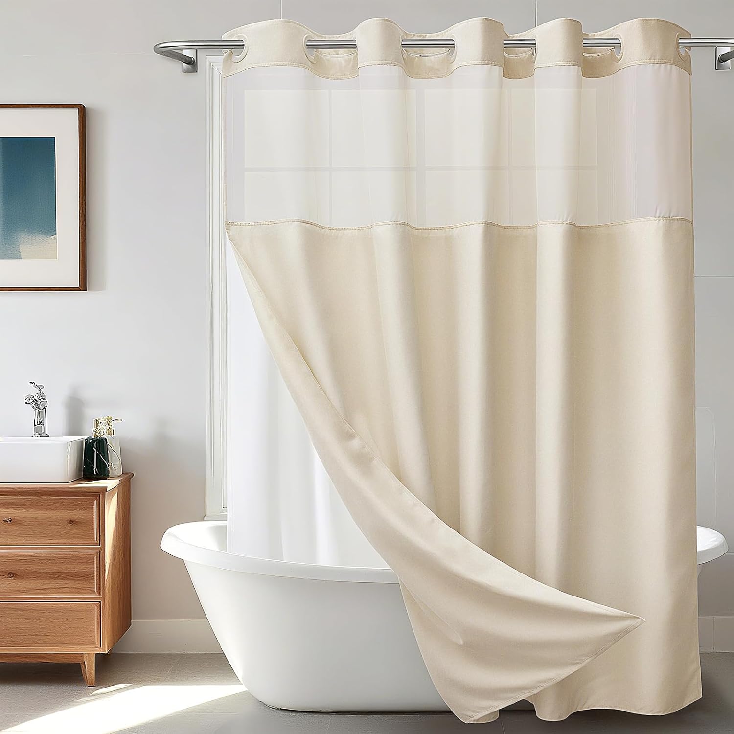 No Hook Shower Curtain with Snap in Liner for Modern Bathrooms