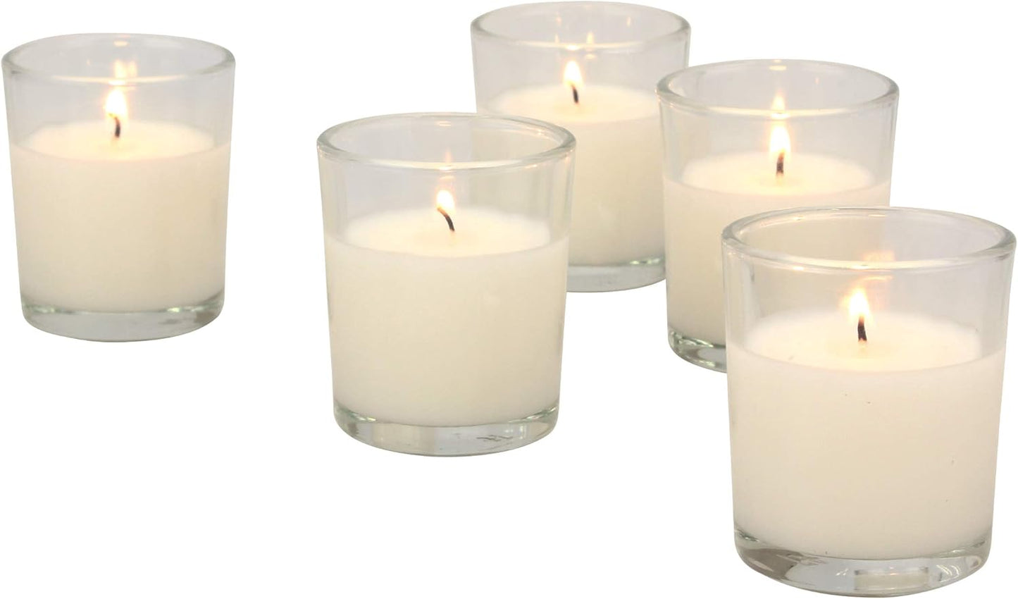 48 Pack Unscented Long Burning Clear Glass Ivory Votive Candles