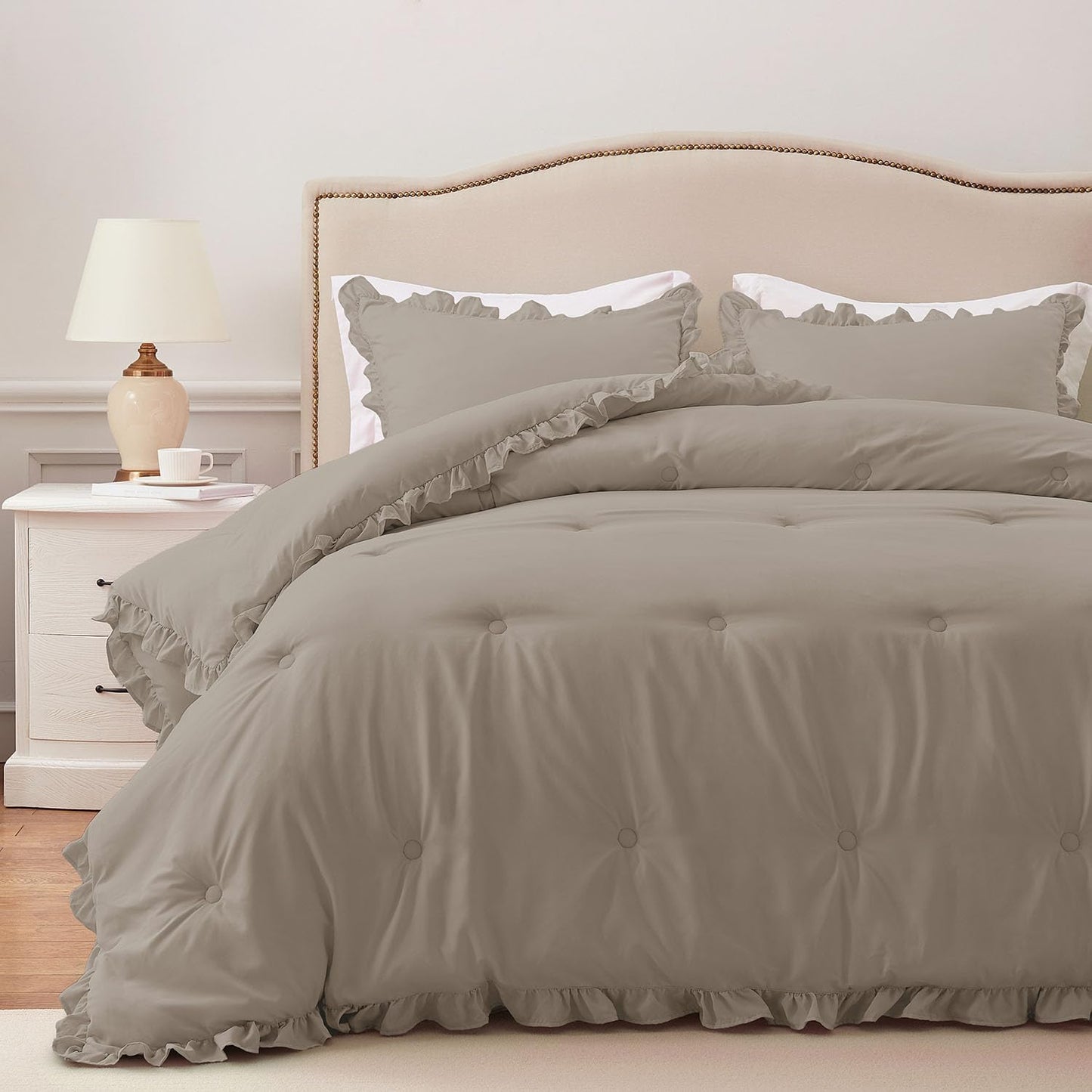 HARBOREST Twin Comforter Set Oatmeal - Ruffle Design for Comfort