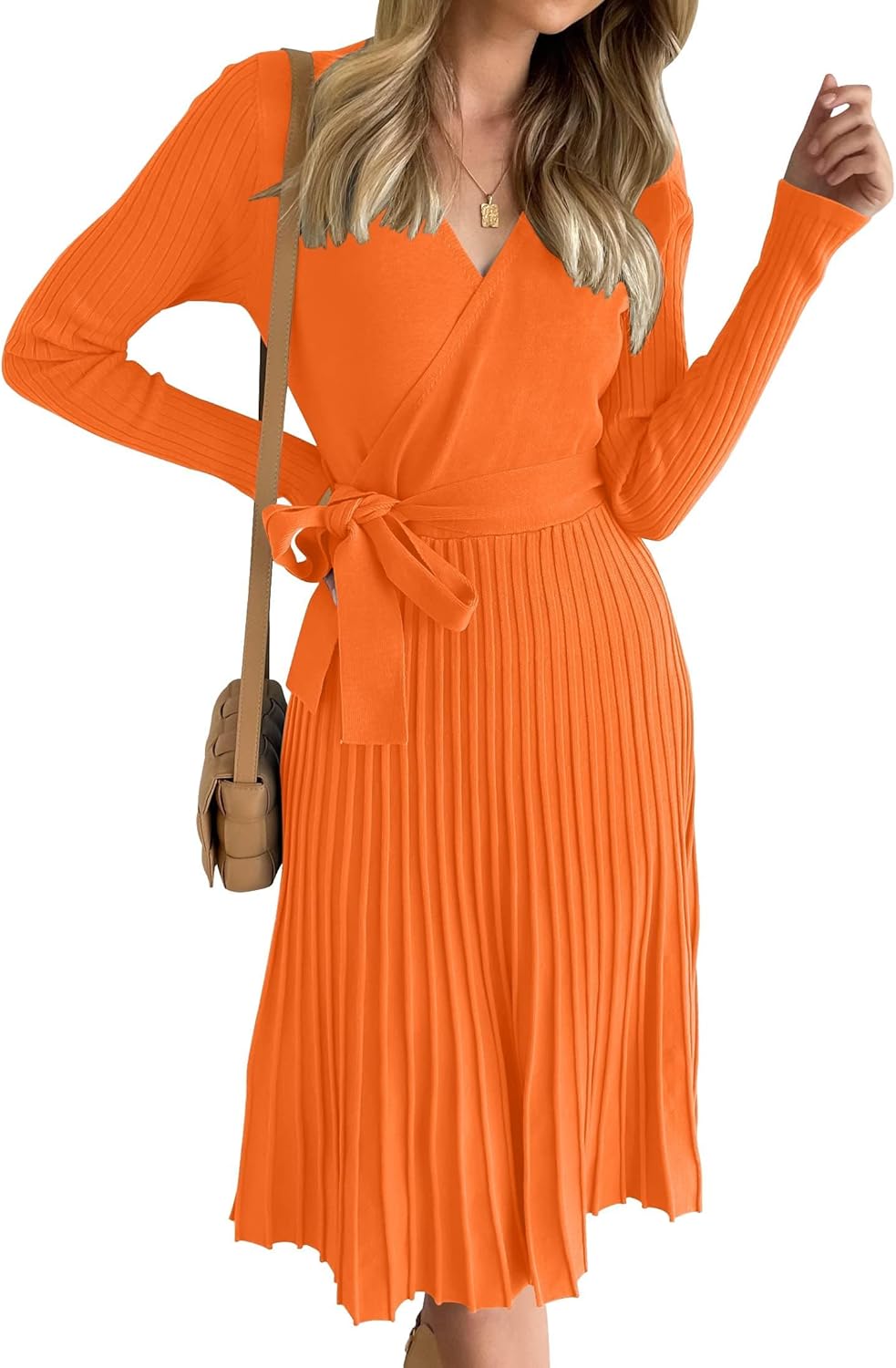 ZESICA Women's Fall Long Sleeve Wrap V Neck Sweater Dress