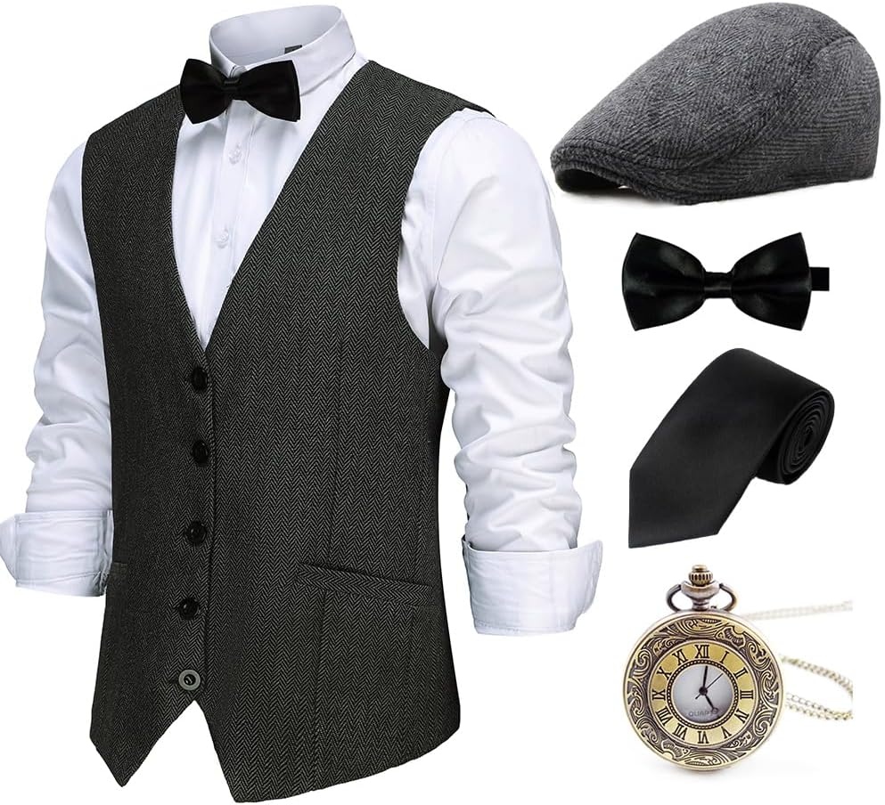 Gatsby Gangster Vest Fedora Hat Suspenders Bow Tie Set for Men