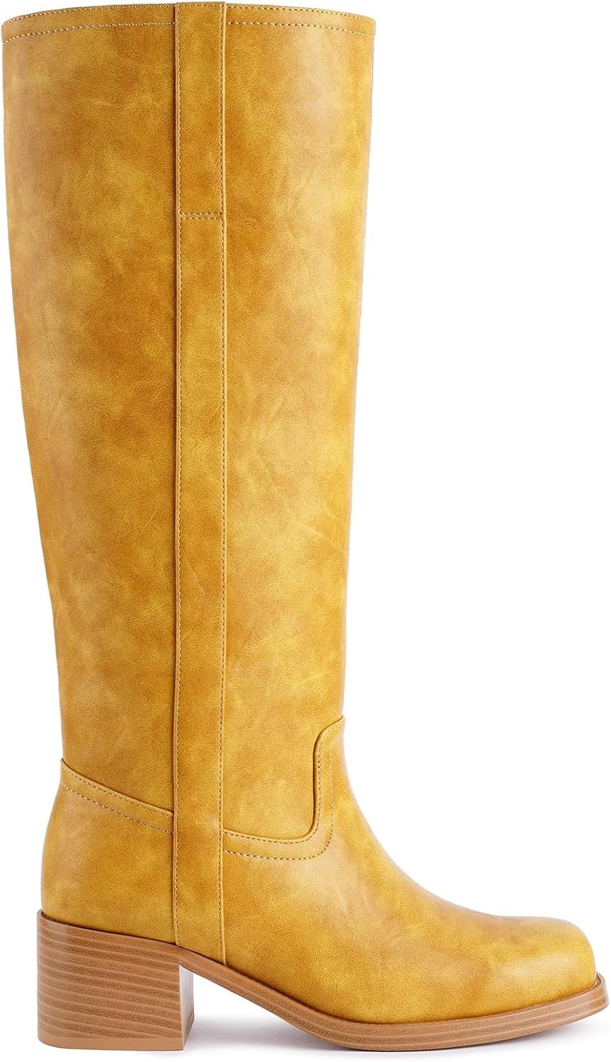 Women's Banana Knee High Boots with Chunky Block Heel Comfort