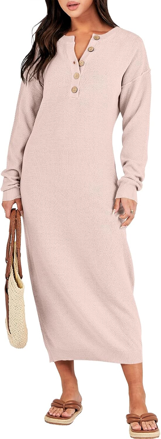 ANRABESS Women Long Sleeve Button V Neck Waffle Knit Midi Dress