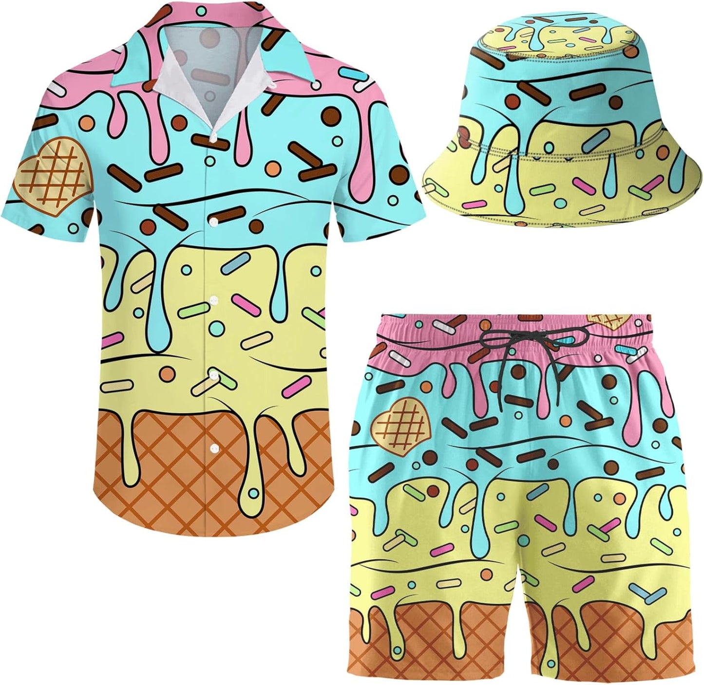 Men's Hawaiian Shirt and Shorts Set with Bucket Hat for Summer