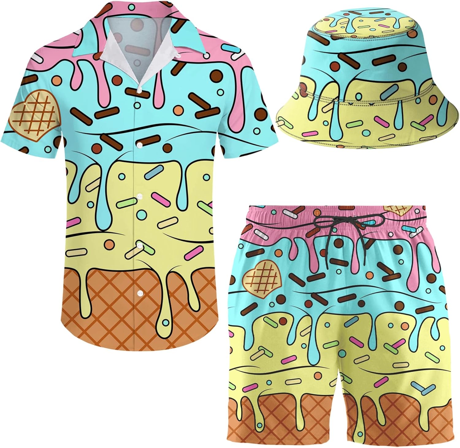 Men's Hawaiian Shirt and Shorts Set with Bucket Hat for Summer
