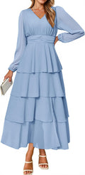 BerryGo Womens Flowy Chiffon Maxi Dress Long Sleeve V Neck