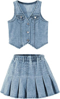 MakeMeChic Girl's Y2K Two Piece Denim Vest and Pleated Mini Skirt Set
