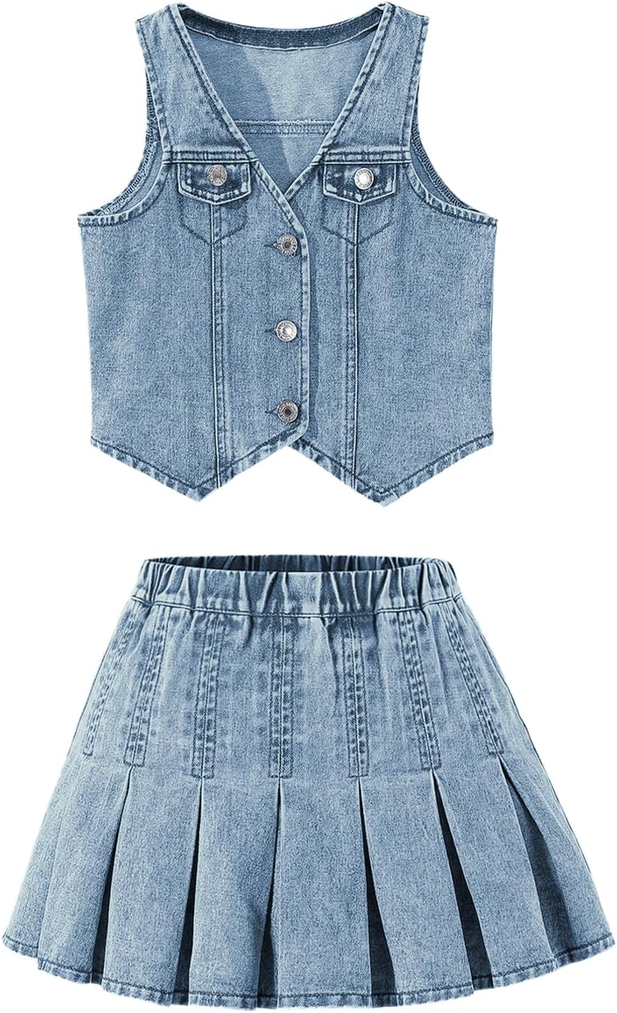 Y2K Two Piece Cute Outfits for Girls - Denim Vest and Skirt Set