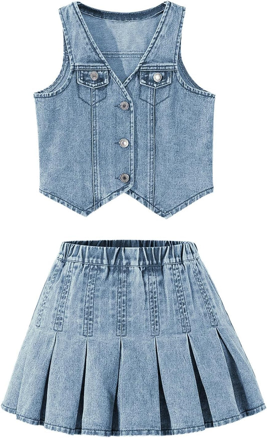 Y2K Two Piece Cute Outfits for Girls - Denim Vest and Skirt Set