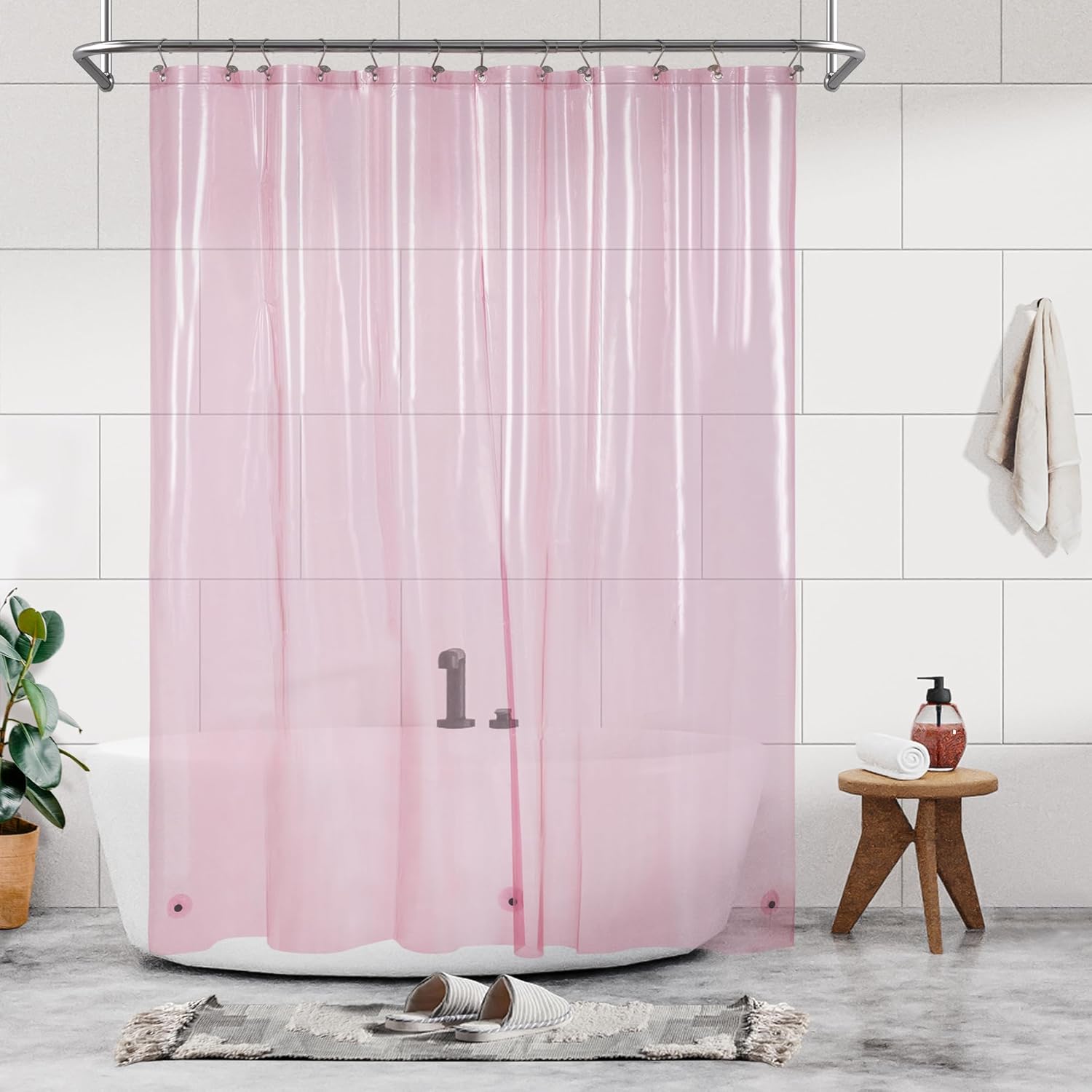 Waterproof Pink PEVA Shower Liner - Metal Grommets, 3 Magnets