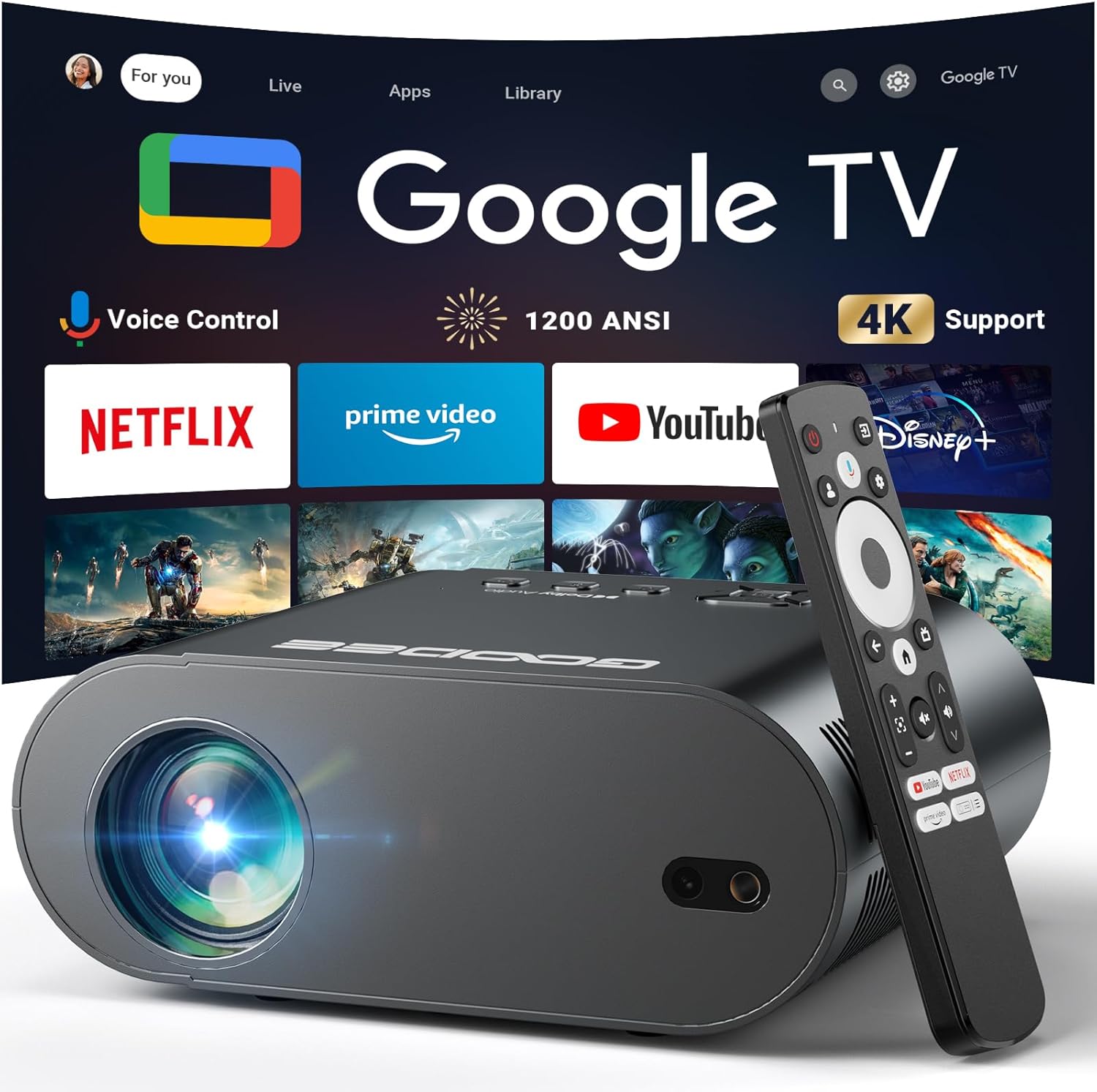 GooDee 4K UHD Smart Projector with Google TV and Voice Control