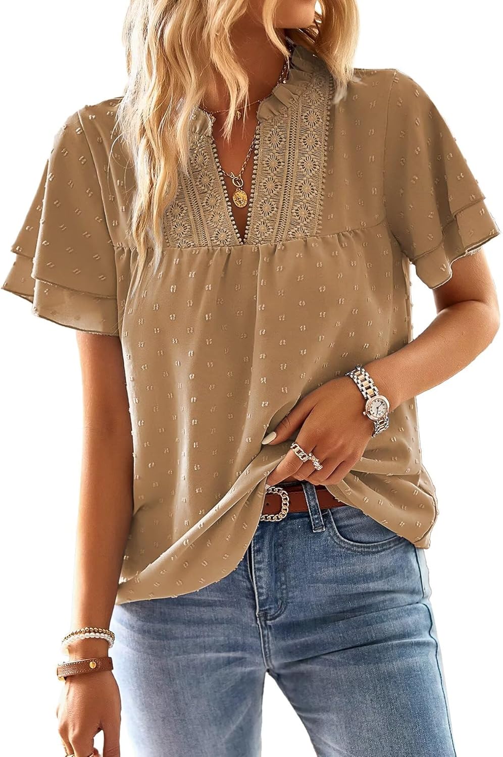 Womens Tops Butterfly Sleeve V Neck Blouses for Dressy Casual