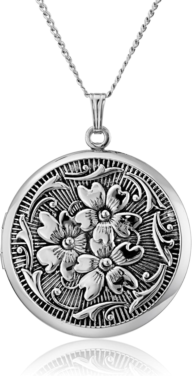 Sterling Silver Round Embossed Antique Finish Locket Necklace