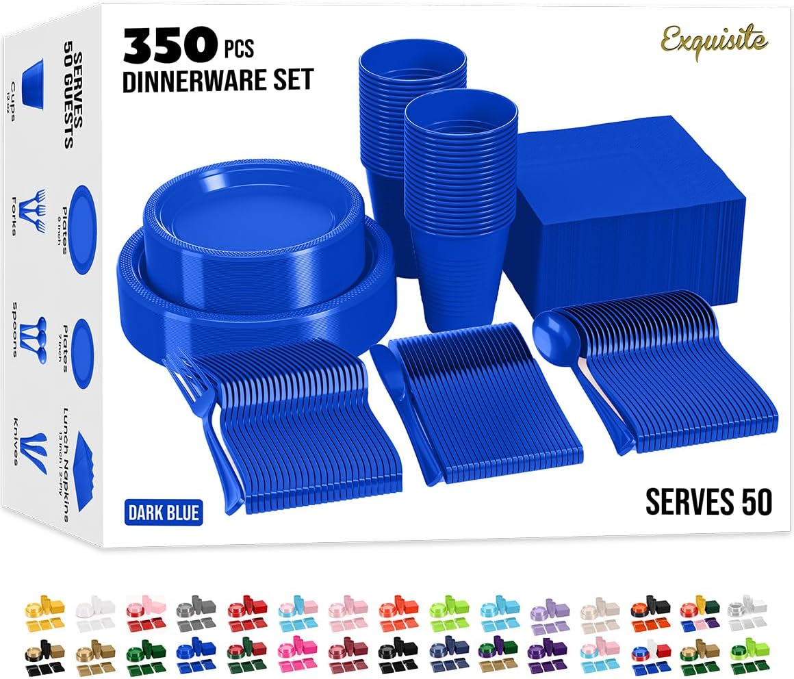 350 Pcs Dark Blue Plastic Plates Set for Parties and Events