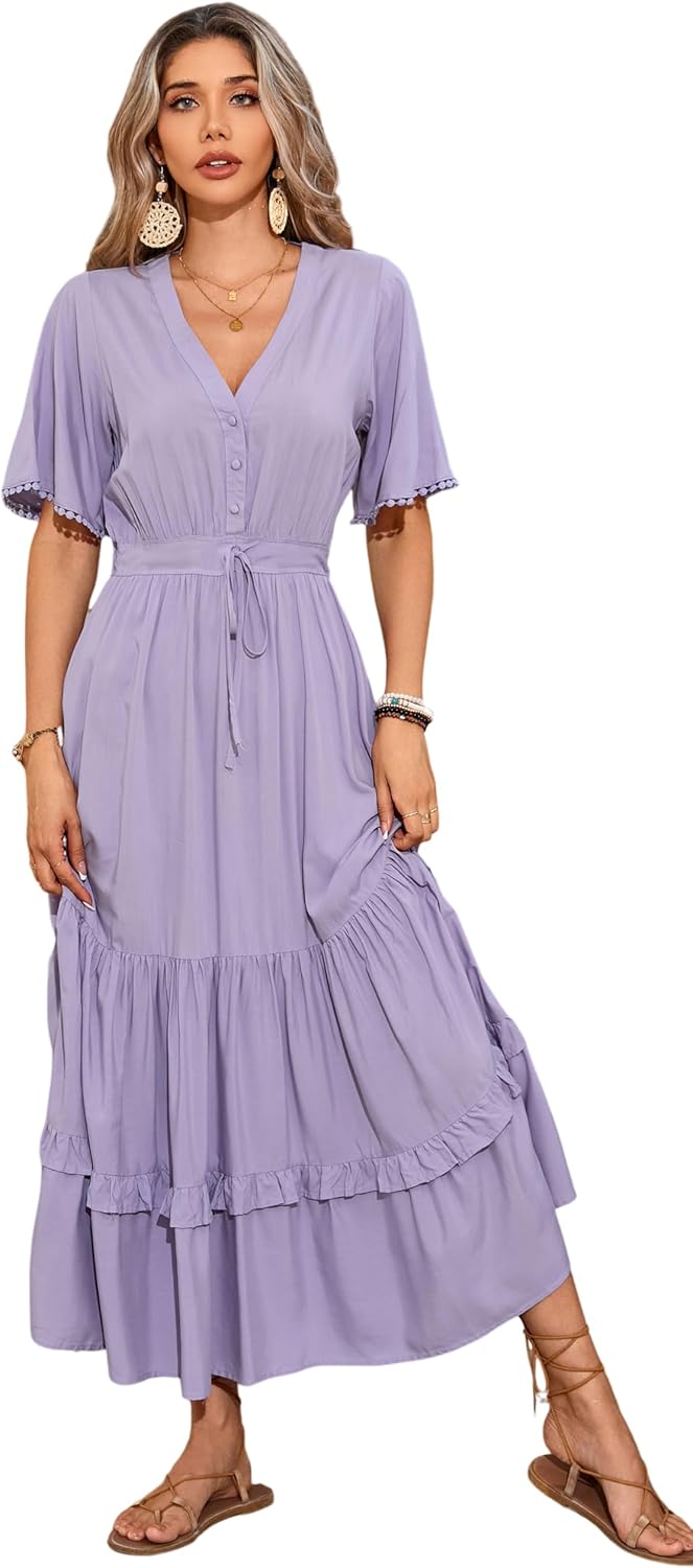 R.Vivimos Womens Summer Cotton V Neck Floral Midi Dress Review