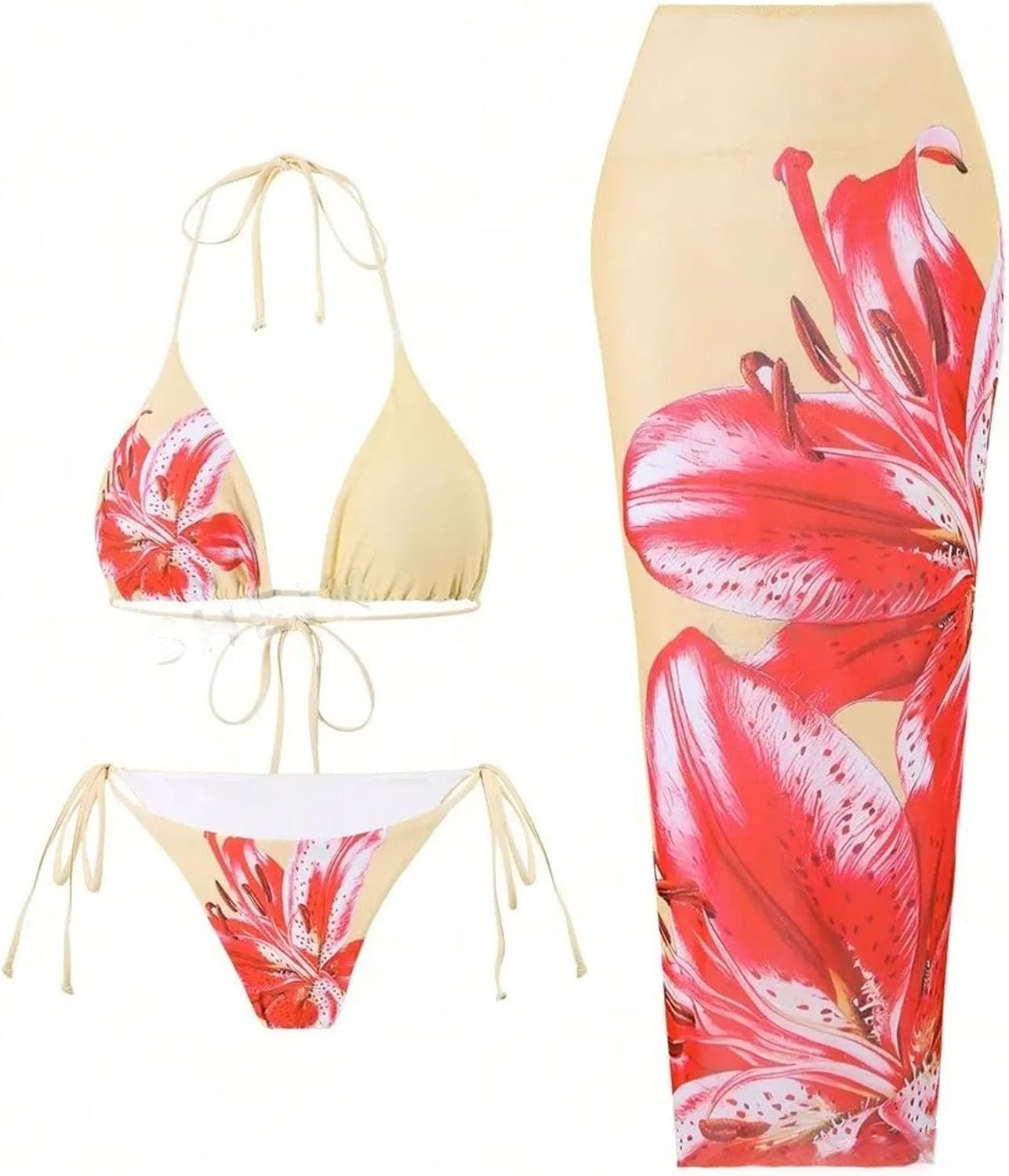 ZAFUL Womens 3pcs Swimsuit Floral Halter Triangle Bikini Set