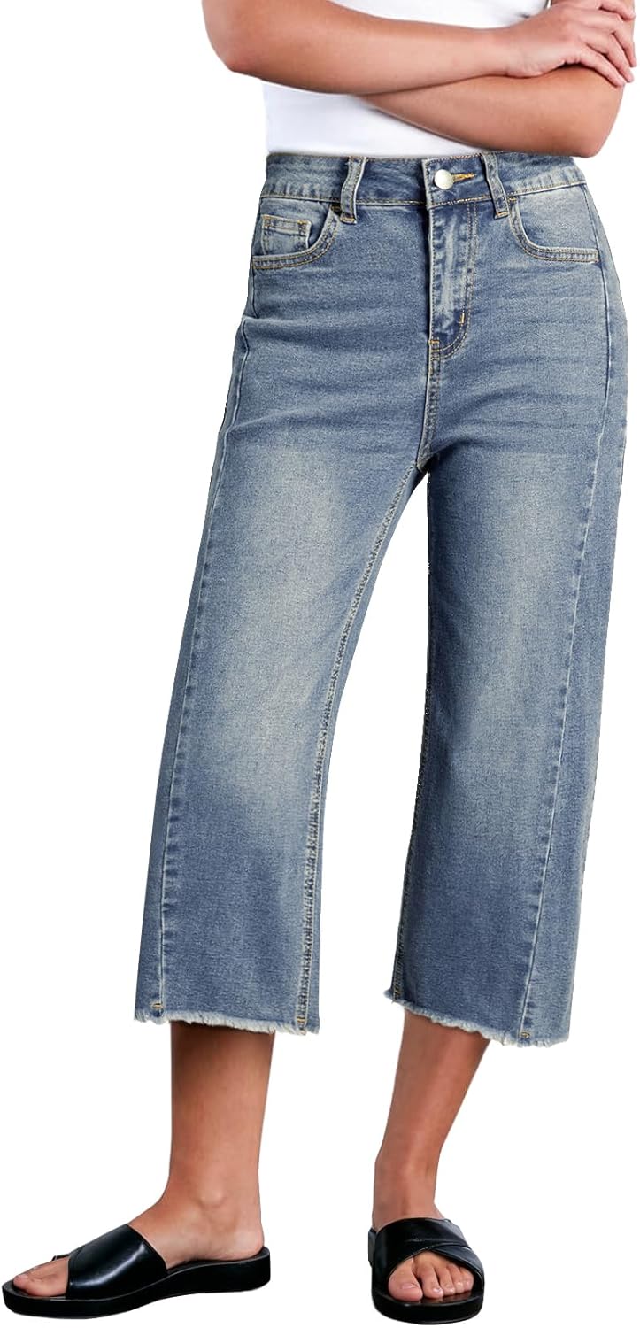 Sidefeel Women's Capri Jeans High Waisted Wide Leg Stretchy Fit
