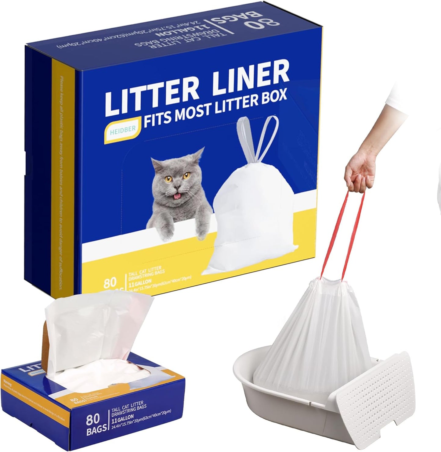 HEIDBER 80-Pack Drawstring Litter Liner Bags - Easy Cleanup for Cat Owners