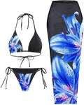 Floral 3pcs Halter Triangle Bikini Set with Sheer Cover Up - Stylish