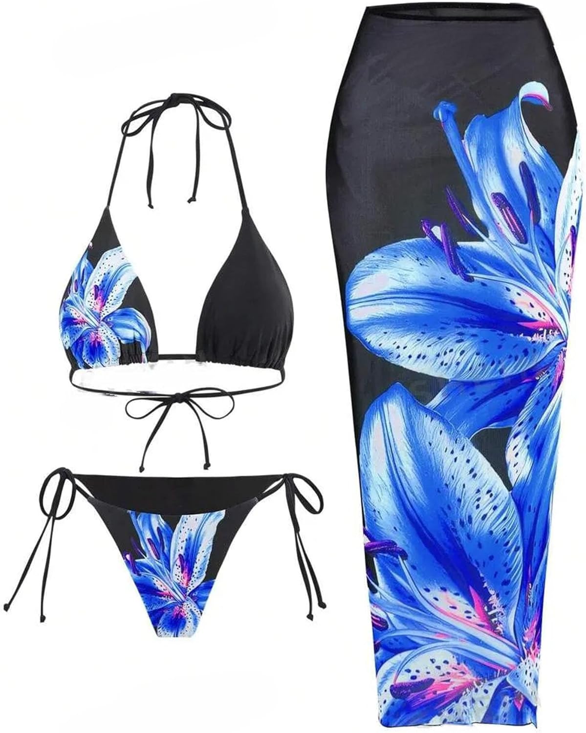 ZAFUL Womens 3pcs Swimsuit Floral Halter Triangle Bikini Set