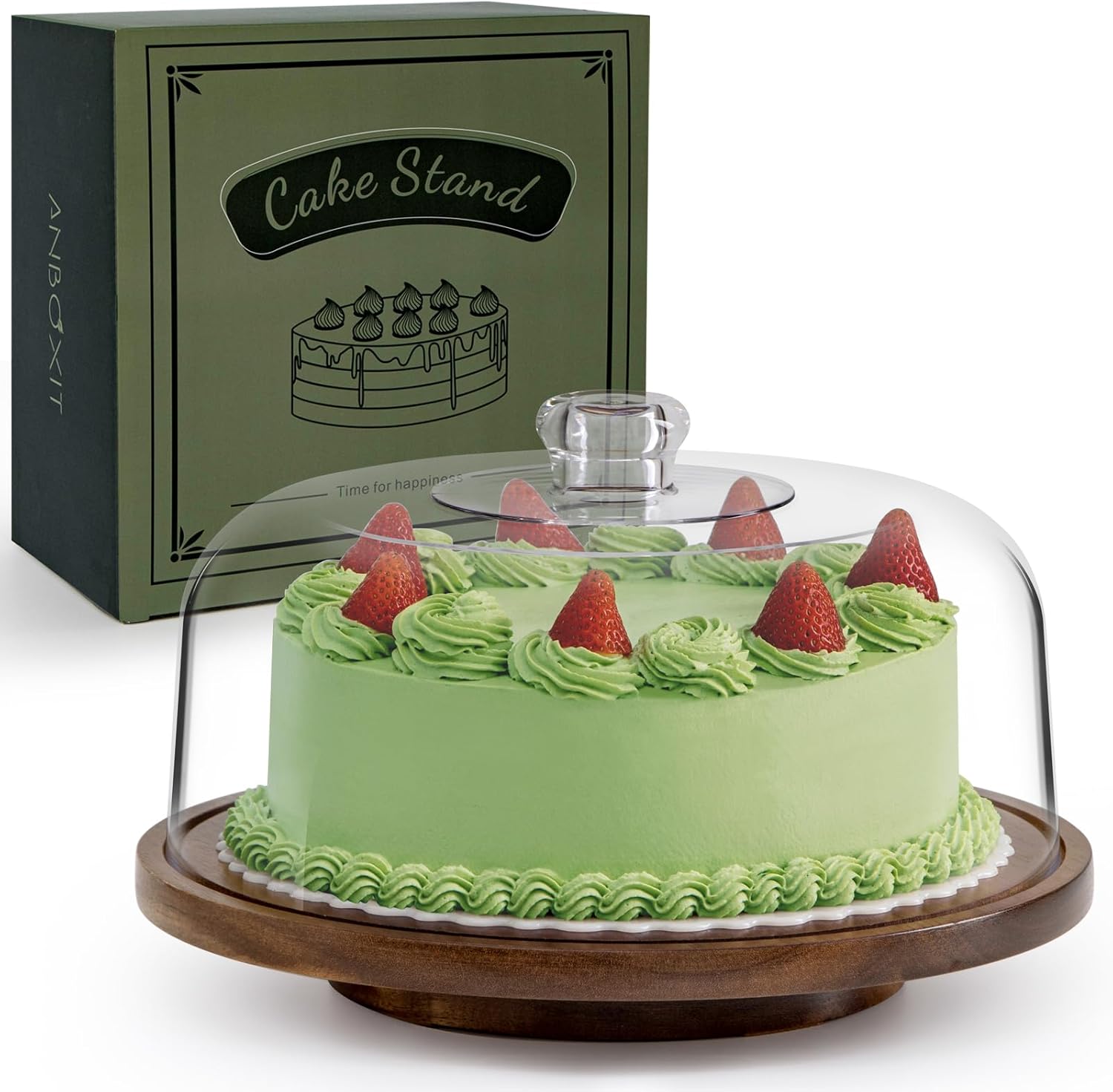 Rotating Cake Stand with Dome Lid - Elegant Acacia Wood Display