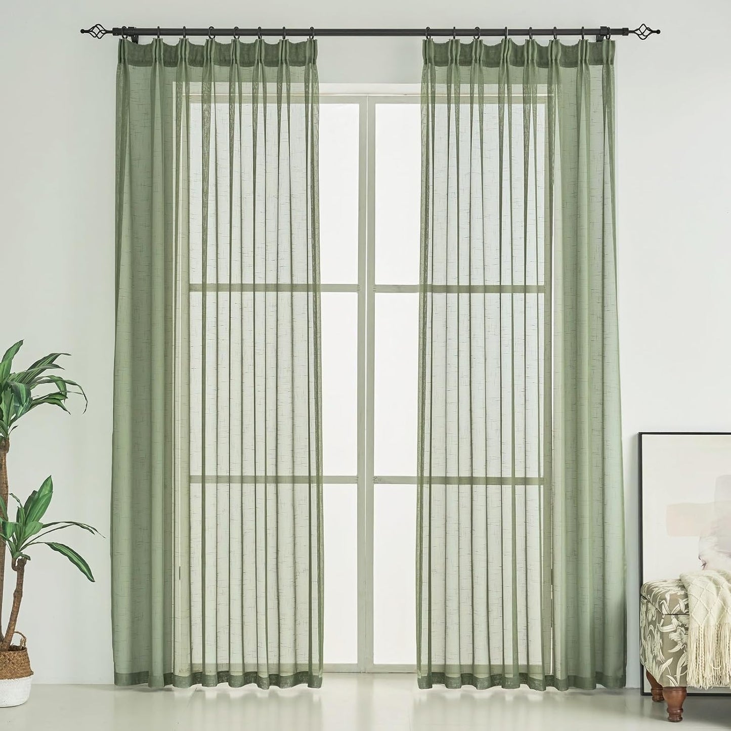 Sage Green Linen Look Sheer Curtains for Elegant Window Decor