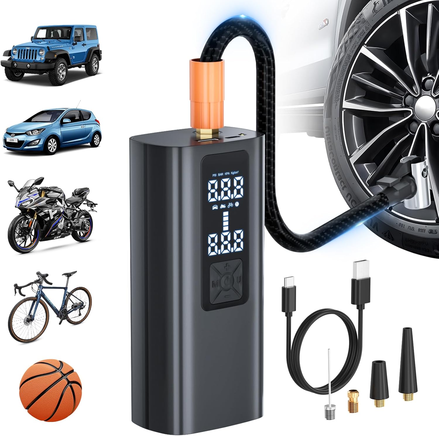 Portable Tire Inflator with LCD Display & LED Light