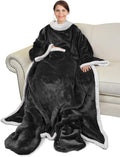 Wearable Sherpa Blanket for Women Men Black - Sleeves & Foot Pockets