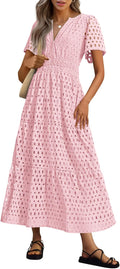 PRETTYGARDEN Womens Eyelet Maxi Dress V Neck - Flowy Summer Essential