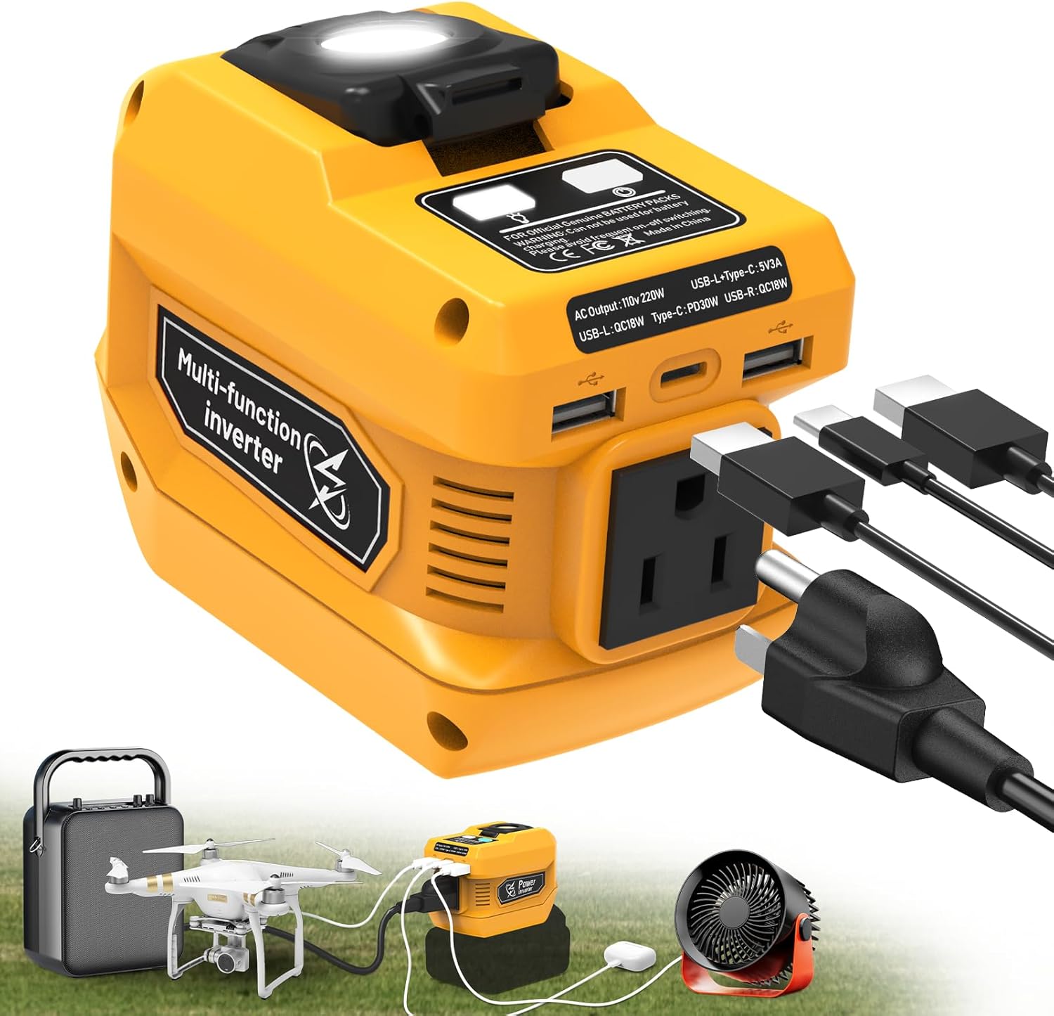 220W Power Inverter for Dewalt 20V Battery with LED Light