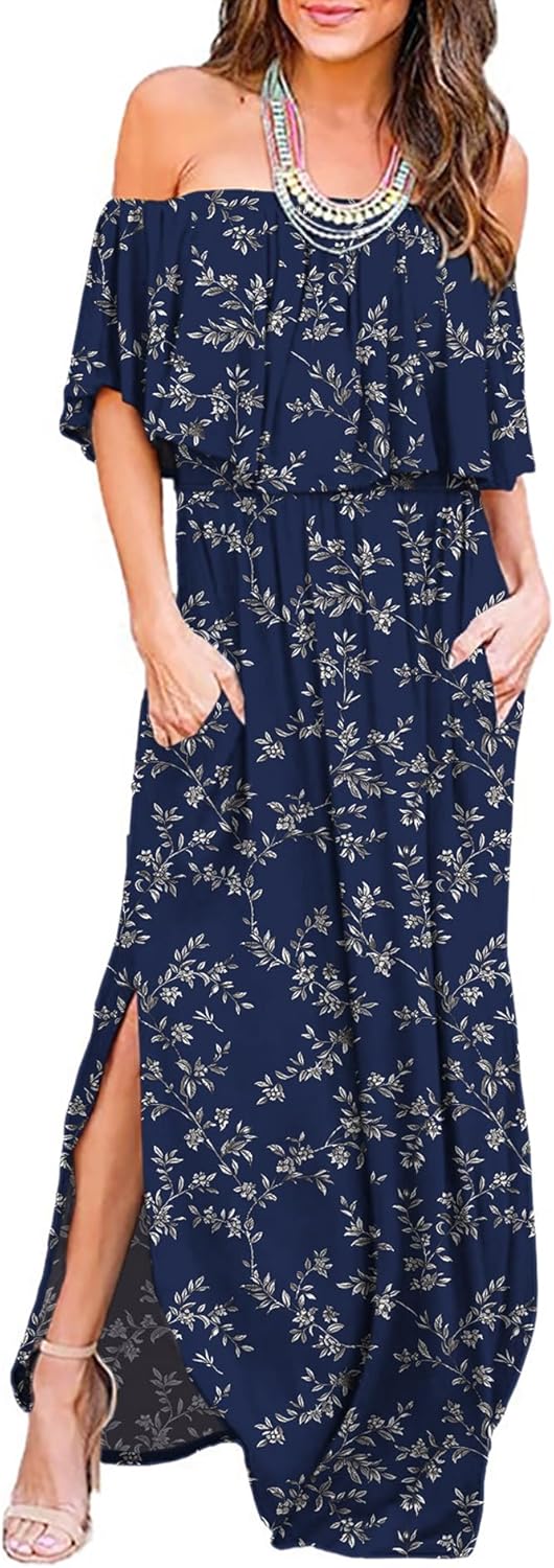 LILBETTER Womens Off The Shoulder Ruffle Maxi Dress Review