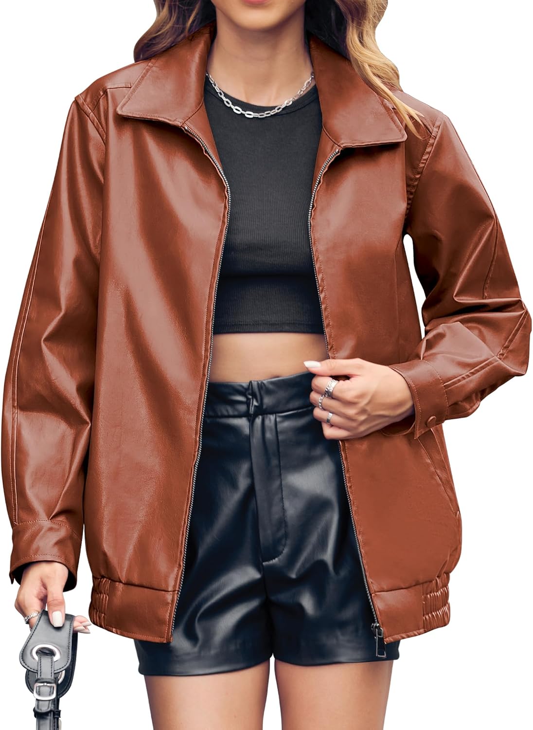 Miladusa Womens Oversized Leather Jackets Trendy Bomber Style