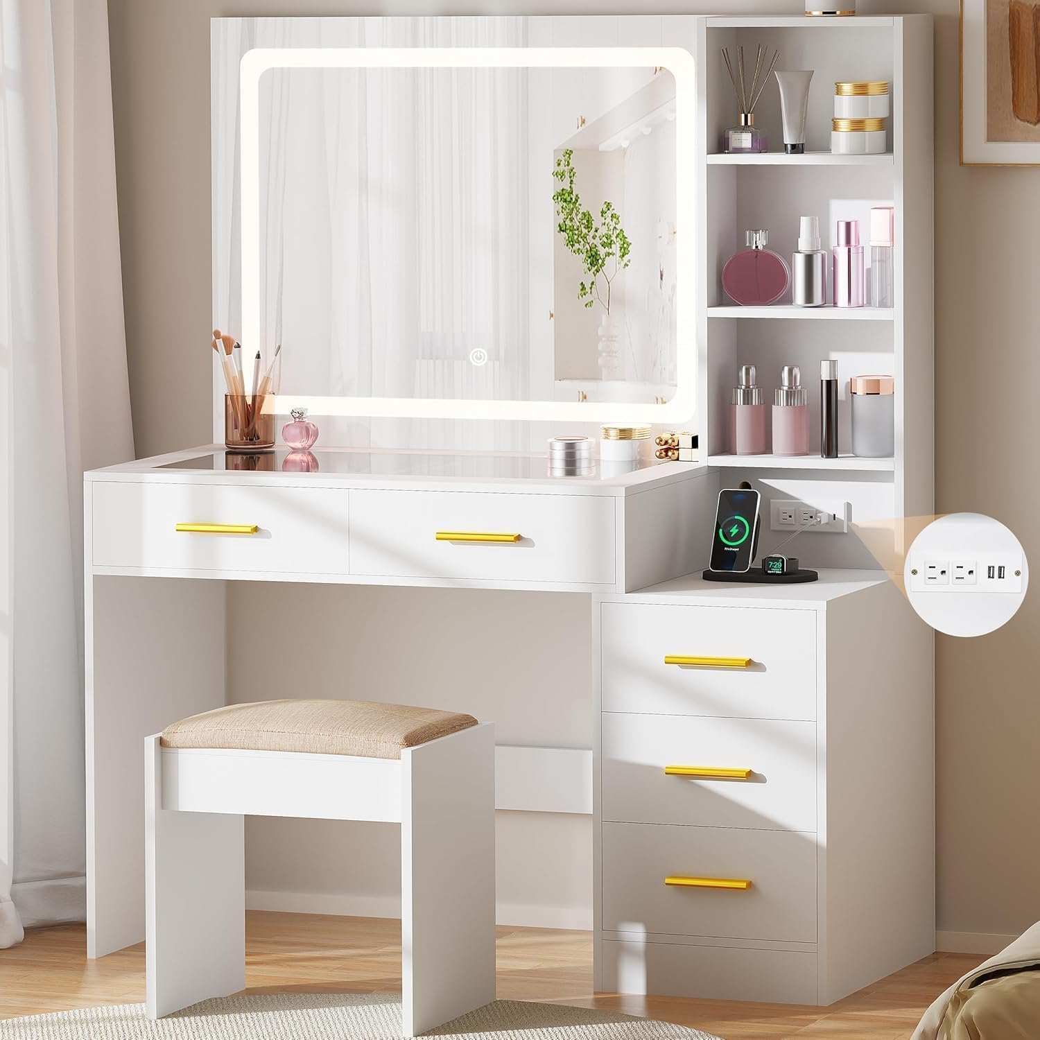 BEWISHOME White Makeup Vanity Desk - Glamorous Lighting Edition