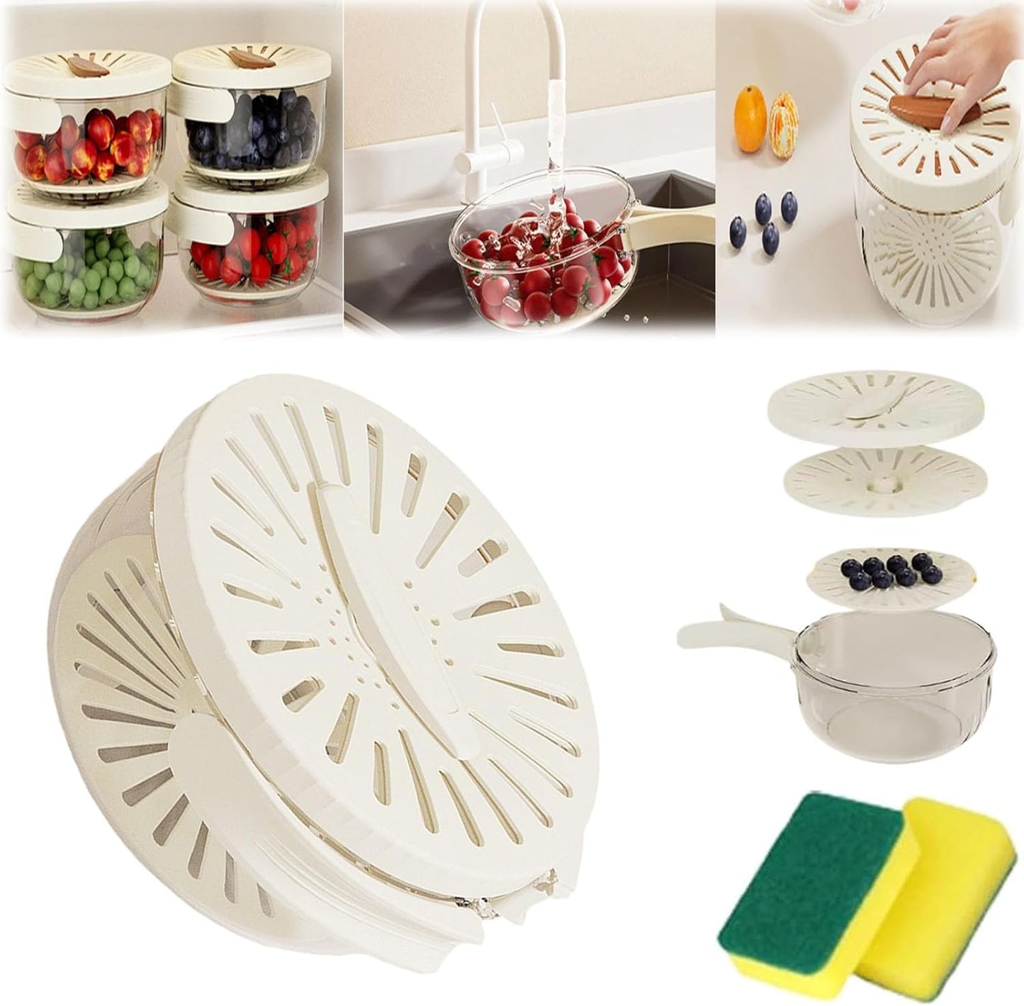 3-in-1 Fruit & Veg Wash Bowl - Strainer, Dual-Layer Basket, Lid