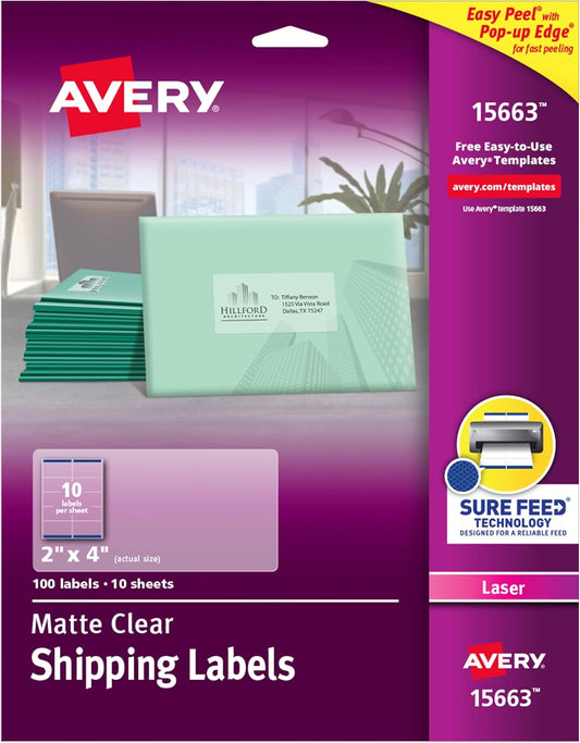 Avery Sure Feed Matte Clear Shipping Labels - 2 x 4 - 100 Count