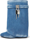 Fold Over Wedge Knee High Boots - Chic Padlock Pant Booties