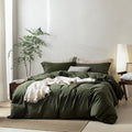 Linen Feel Olive Green Duvet Cover Super King Plus Size - Breathable