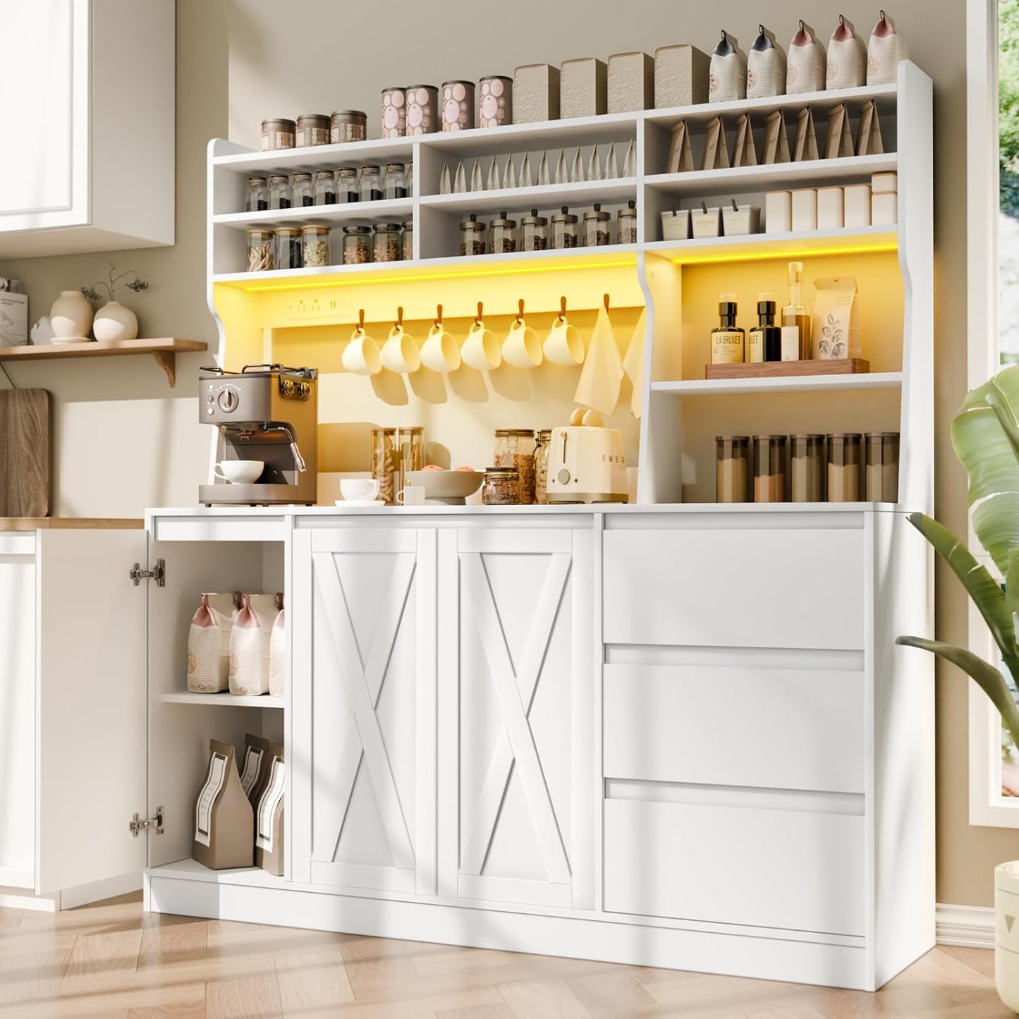 Farmhouse Pantry Cabinet: Power Outlet, LED Light