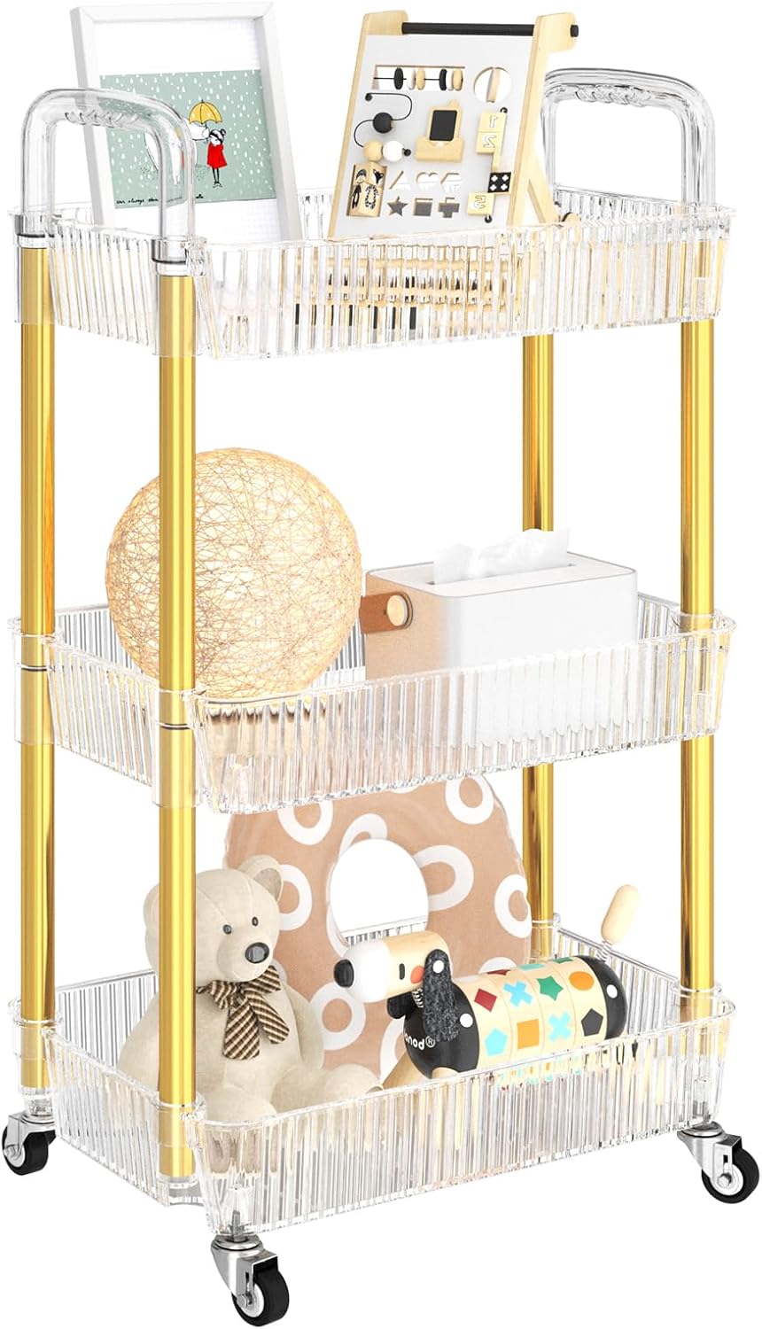 3-Tier Rolling Cart for Makeup, Snacks, and More - Golden Design