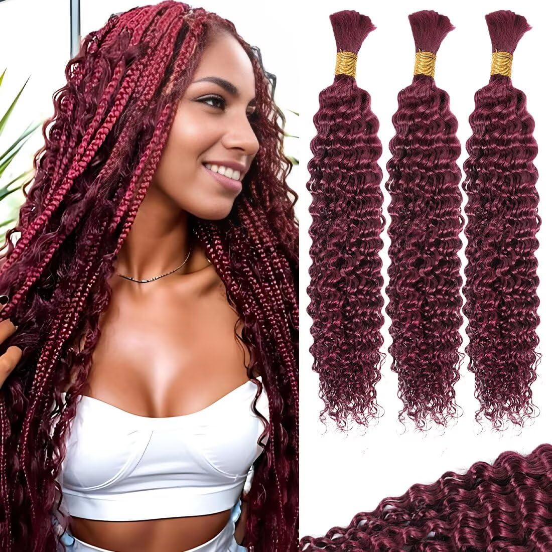12A 99J Burgundy Red Human Braiding Hair for Boho Styles