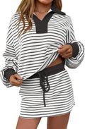 Striped 2 Piece Outfit Women V-Neck Sweatshirt Skirt Set - Versatile