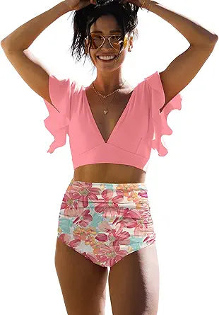 Ruffle High Waist Swimsuit for Women - Tropical Print Bikini