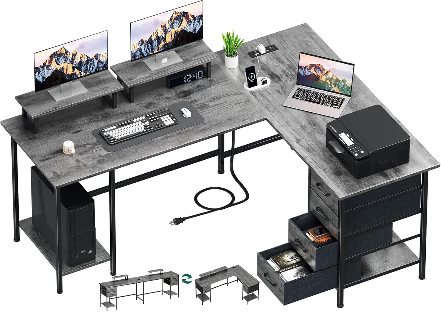 59 Inch L Shaped Computer Desk with Power Outlets for Home Office