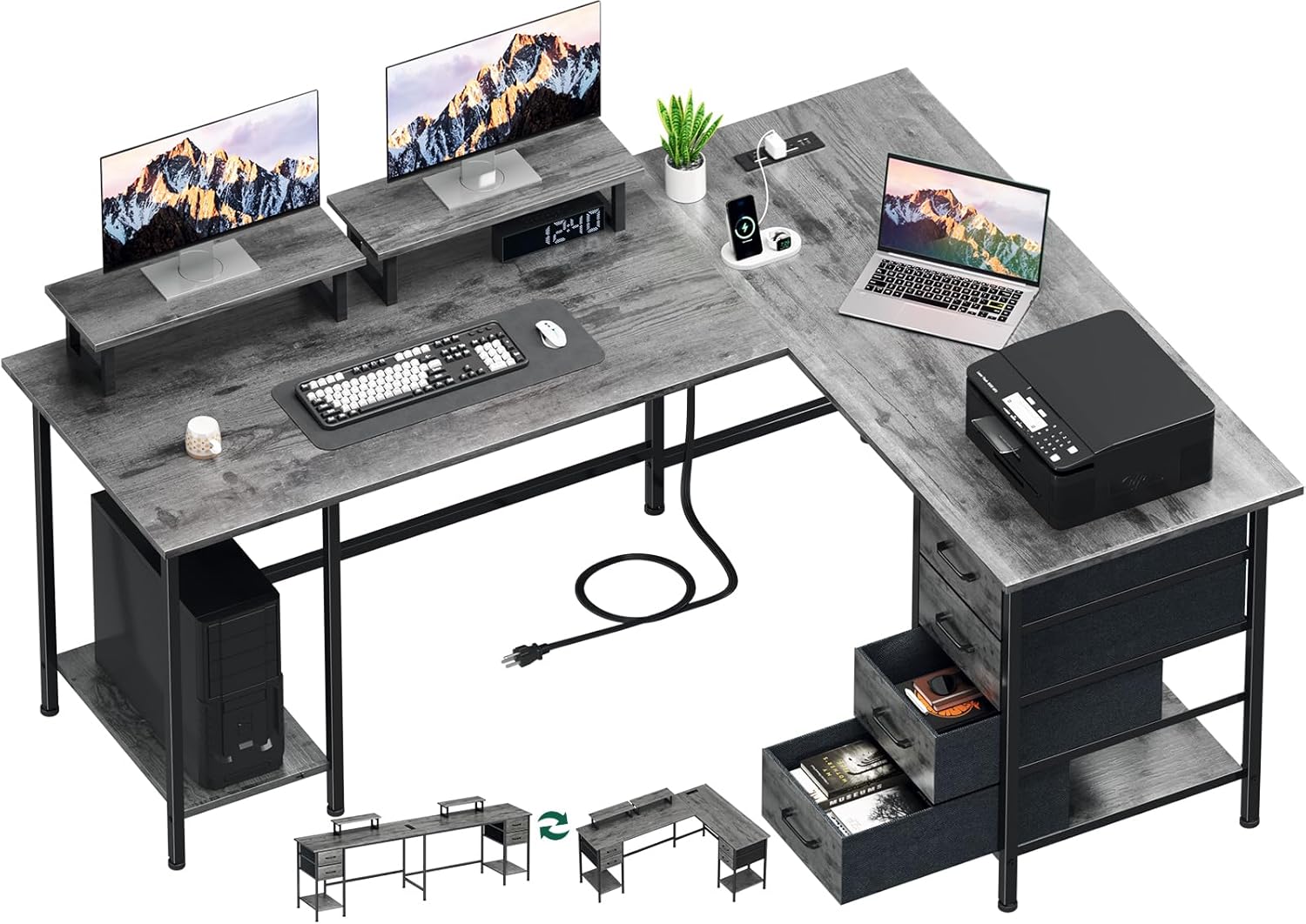 59 Inch L Shaped Computer Desk with Power Outlets for Home Office